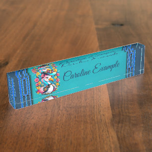 Cute flamingo with a colorful summer hat desk name plate