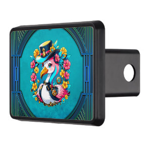 Cute flamingo with a colorful summer hat  hitch cover