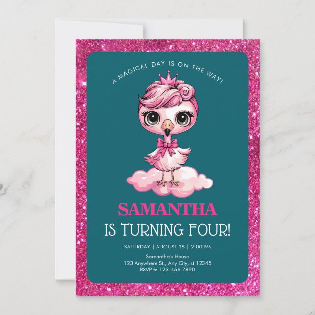 Cute flamingo with crown birthday invitation (Front)