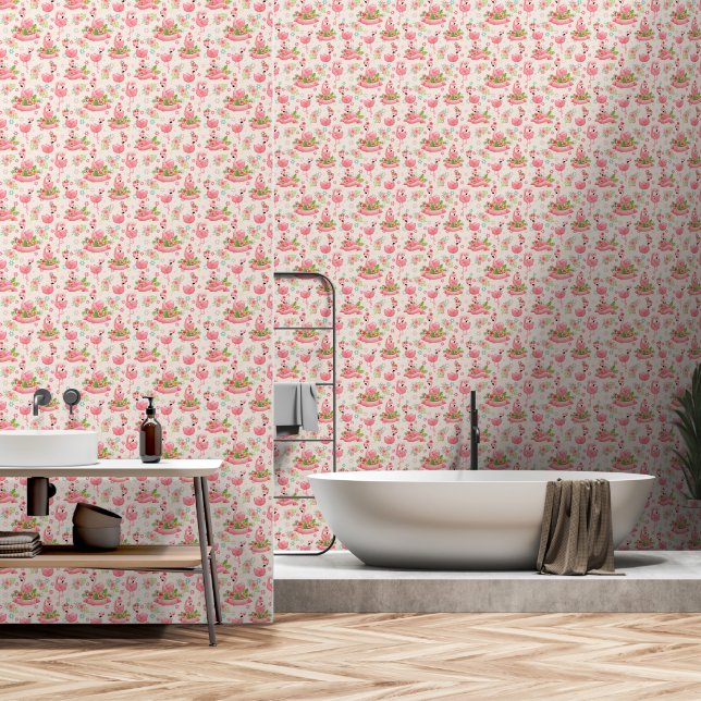 Cute flamingos and tropical flowers wallpaper  (Bathroom)