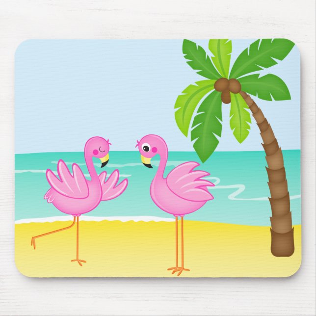 Cute Flamingos Beach Scene with Palm Tree Mouse Pad (Front)