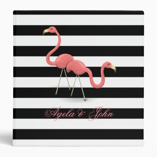 Cute Flamingos Black White Stripes Personalized 3 Ring Binder