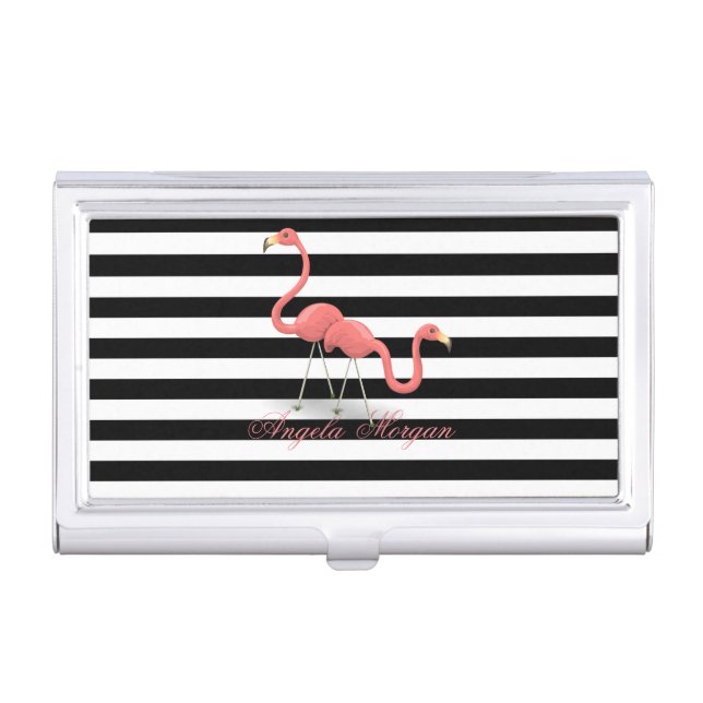 Cute Flamingos, Black, White Stripes Personalized Business Card Case (Front)