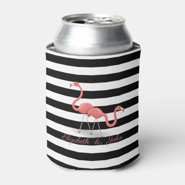 Cute  Flamingos ,Black White Stripes,Personalized Can Cooler (Can Front)