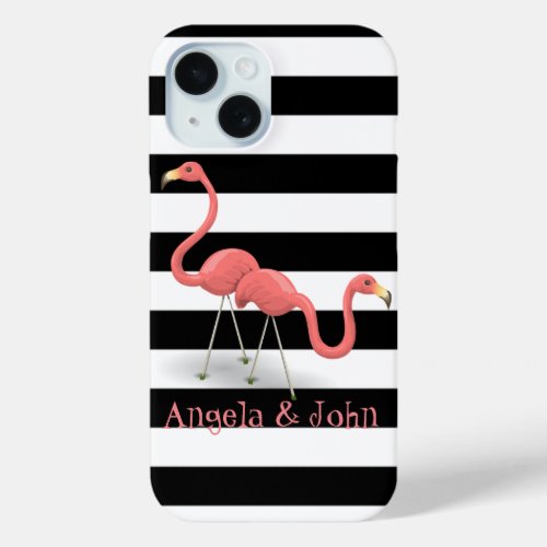 Cute Flamingos Black White Stripes Personalized iPhone 15 Case