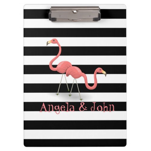 Cute Flamingos Black White Stripes Personalized Clipboard