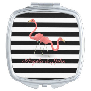 Cute  Flamingos, Black, White Stripes Personalized Compact Mirror