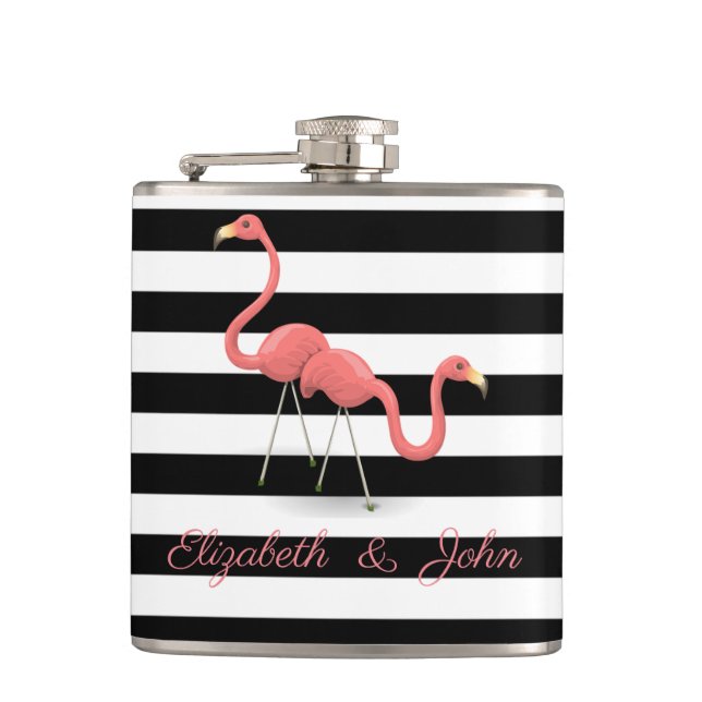 Cute  Flamingos ,Black White Stripes,Personalized Flask (Front)