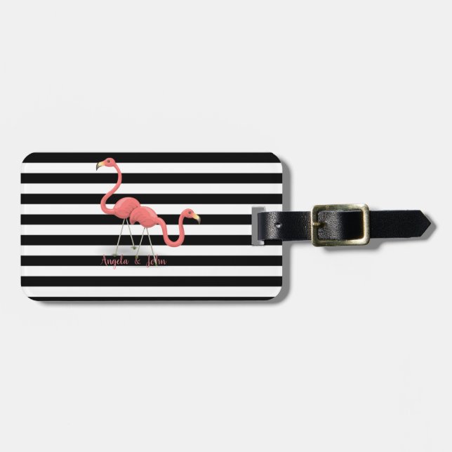 Cute Flamingos, Black, White Stripes Personalized Luggage Tag (Front Horizontal)