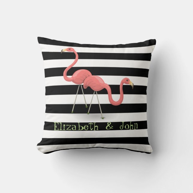 Cute Flamingos, Black, White Stripes Personalized Throw Pillow (Front)