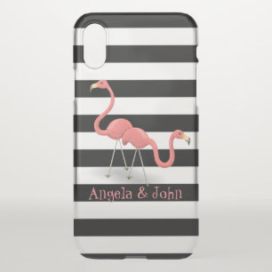 Cute Flamingos, Black, White Stripes Personalized iPhone XS Case