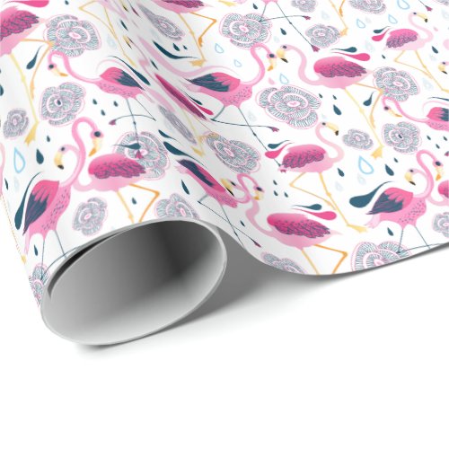 Cute Flamingos  Flowers Illustration Pattern Wrapping Paper