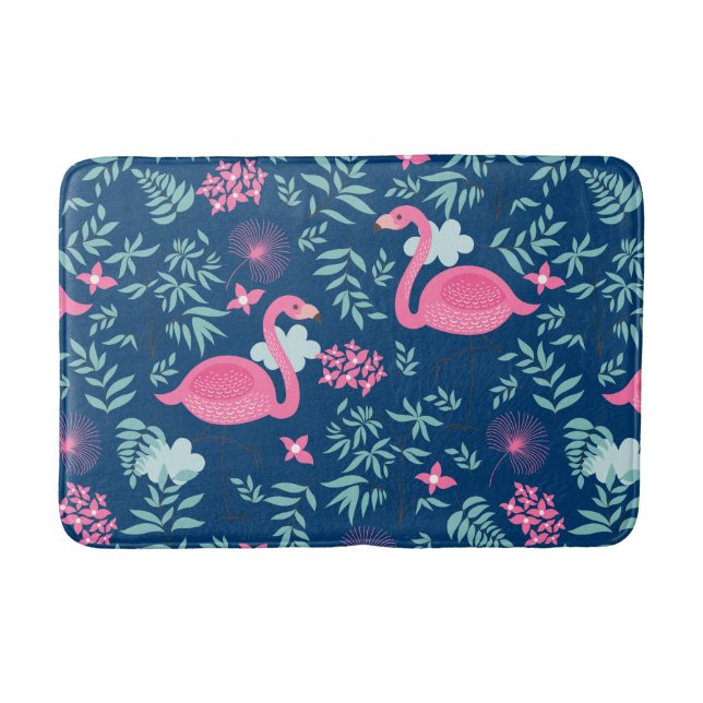 Cute Flamingos & Flowers On Navy Blue Background Bathroom Mat (Front)