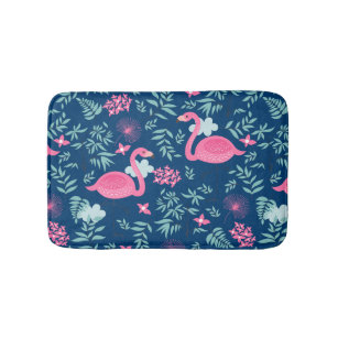 Cute Flamingos & Flowers On Navy Blue Background Bathroom Mat