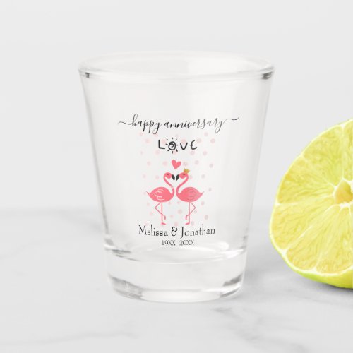 Cute Flamingos in Love Anniversary Shot Glass