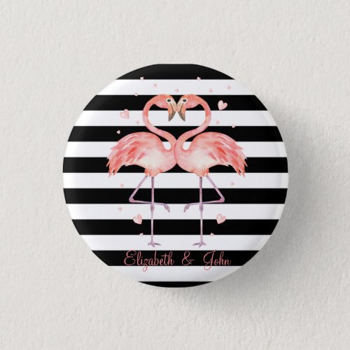 Cute Flamingos In Love Black White Stripes  Button