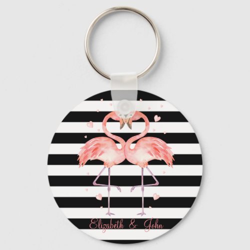 Cute Flamingos In Love Black White Stripes   Keychain