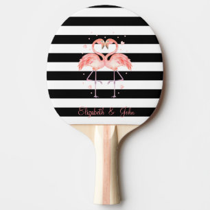 Cute Flamingos In Love,Black White Stripes  Ping Pong Paddle