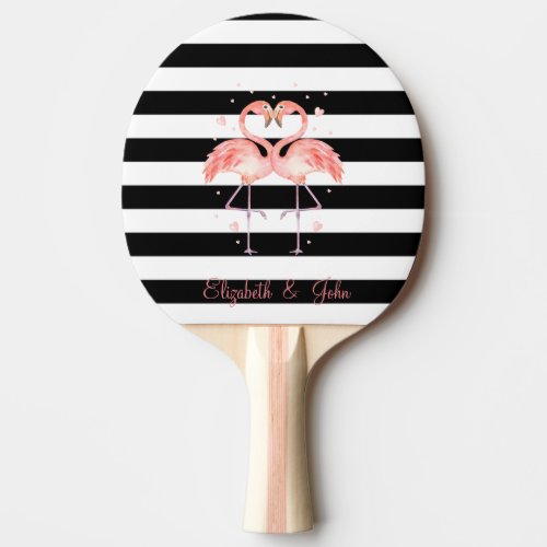 Cute Flamingos In LoveBlack White Stripes  Ping Pong Paddle