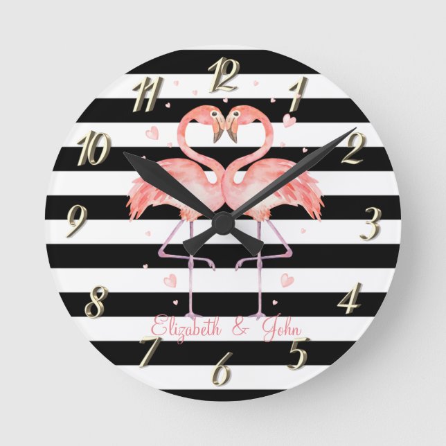 Cute Flamingos In Love ,Black White Stripes   Round Clock (Front)