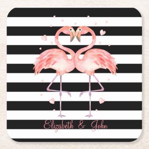 Cute Flamingos In Love Black White Stripes Square Paper Coaster