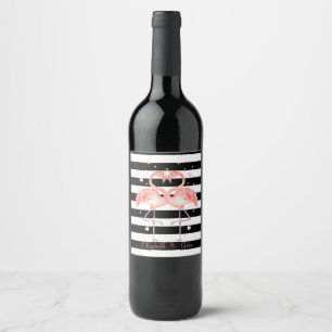 Cute Flamingos In Love,Black White Stripes Wine Label
