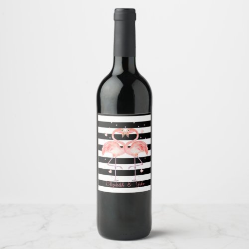 Cute Flamingos In LoveBlack White Stripes  Wine Label