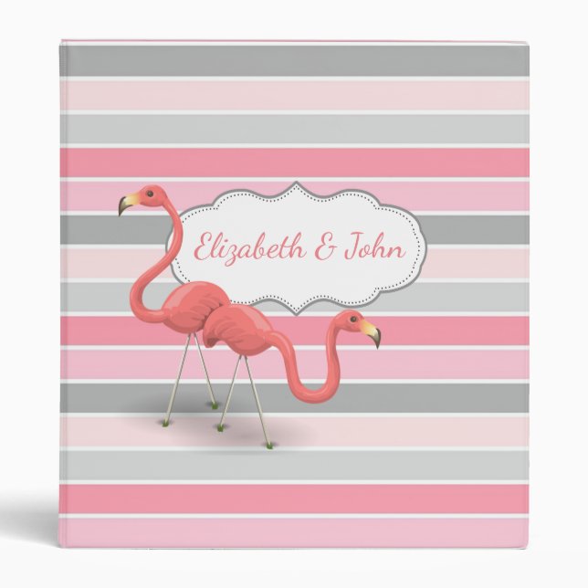 Cute Flamingos In Love, Stripes -Personalized 3 Ring Binder (Front)
