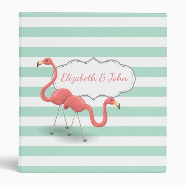 Cute Flamingos In Love, Stripes -Personalized 3 Ring Binder (Front)