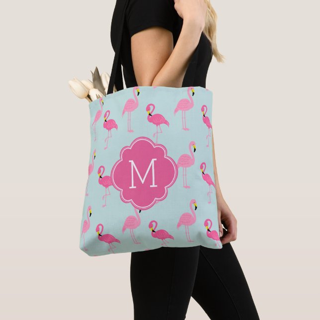Cute Flamingos Pattern Monogrammed Tote Bag (Close Up)