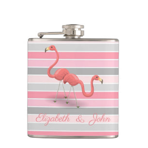Cute Flamingos , Stripes,Personalized Flask