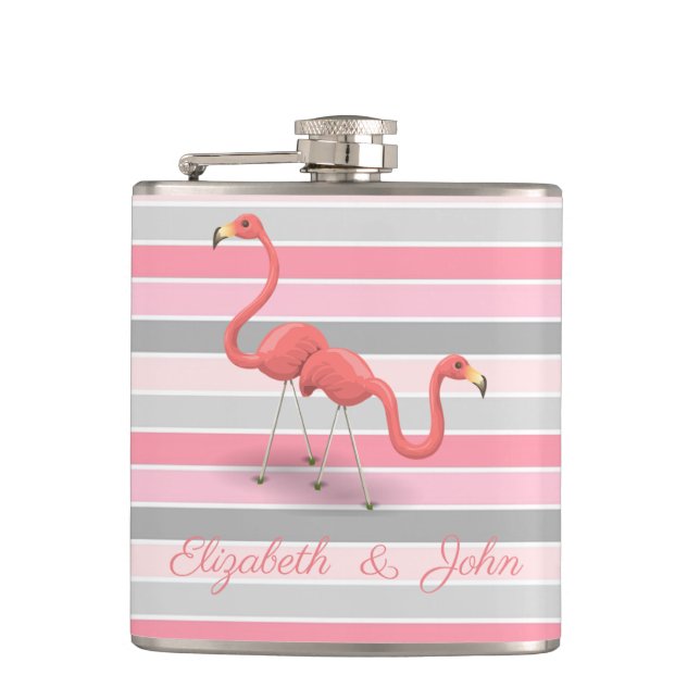 Cute  Flamingos , Stripes,Personalized Flask (Front)