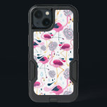 Cute Flamingos & Stylized Tropical Flowers Pattern iPhone 13 Case<br><div class="desc">Cute pink flamingos and gray tropical flowers seamless pattern on white background.</div>