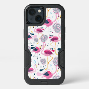 Cute Flamingos & Stylized Tropical Flowers Pattern iPhone 13 Case