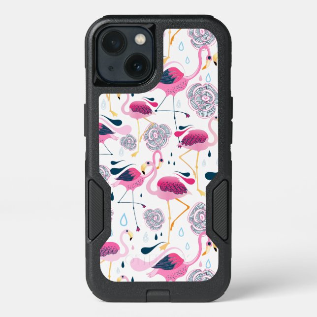 Cute Flamingos & Stylized Tropical Flowers Pattern Otterbox iPhone Case (Back)