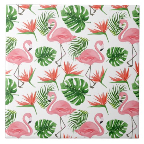 Cute Flamingos Tropical Leaves Floral Pattern Ceramic Tile