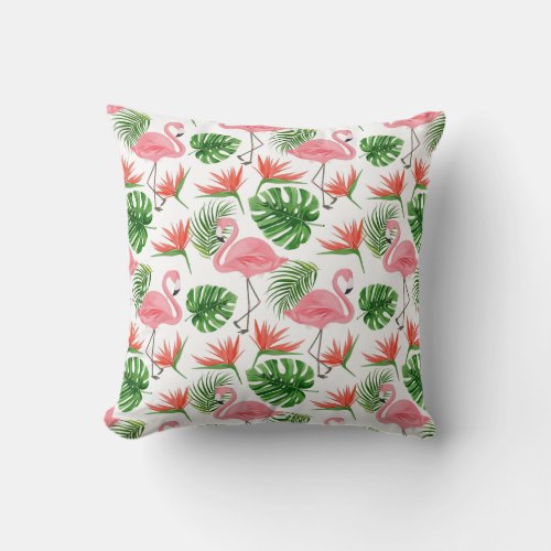 Cute Flamingos Tropical Leaves Floral Pattern Throw Pillow