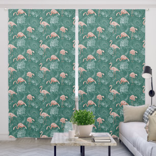 Cute Flamingos Tropical Plants Flowers Blue Pink Blackout Curtains