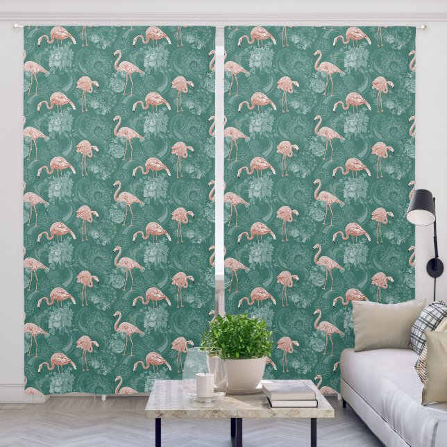 Cute Flamingos Tropical Plants Flowers Blue Pink Blackout Curtains (Living Room)