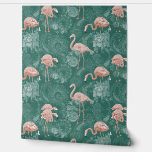 Cute Flamingos Tropical Plants Flowers Blue Pink Wallpaper