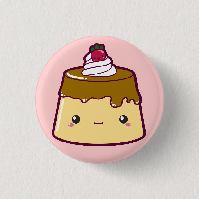 Cute Flan with Strawberry & Cream Pinback Button (Front)