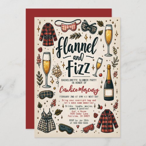 Cute Flannel and Fizz Slumber Bachelorette Party Invitation