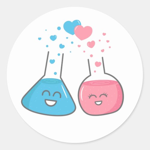 Cute flasks in love weve got chemistry classic round sticker