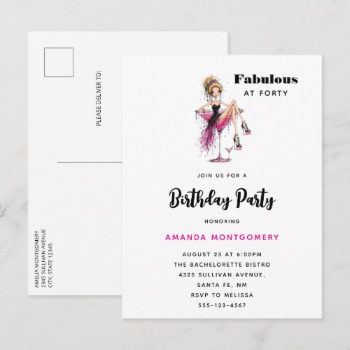 Cute Flirty Girl in a Martini Glass 40th Birthday Invitation Postcard