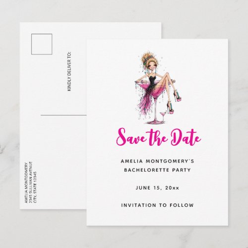 Cute Flirty Girl in a Martini Glass Bachelorette Announcement Postcard