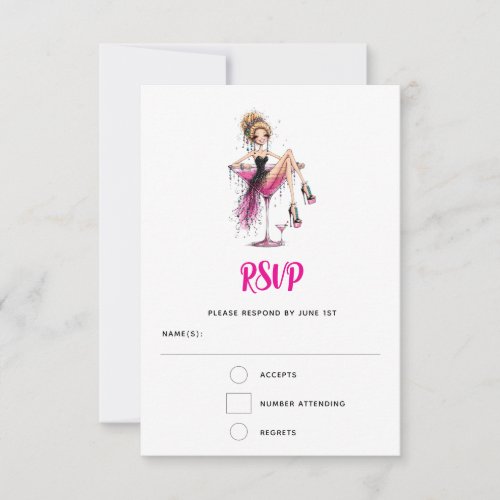 Cute Flirty Girl in a Martini Glass Bachelorette RSVP Card