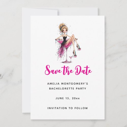 Cute Flirty Girl in a Martini Glass Bachelorette Save The Date