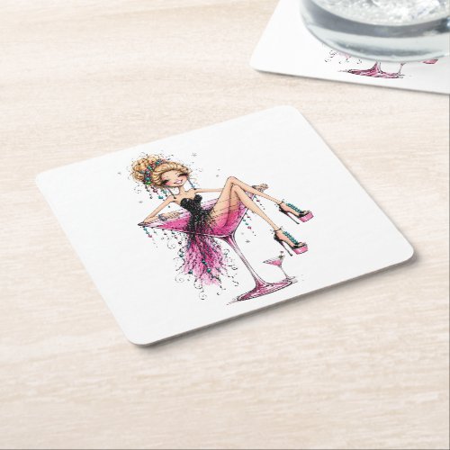 Cute Flirty Girl in a Martini Glass Square Paper Coaster