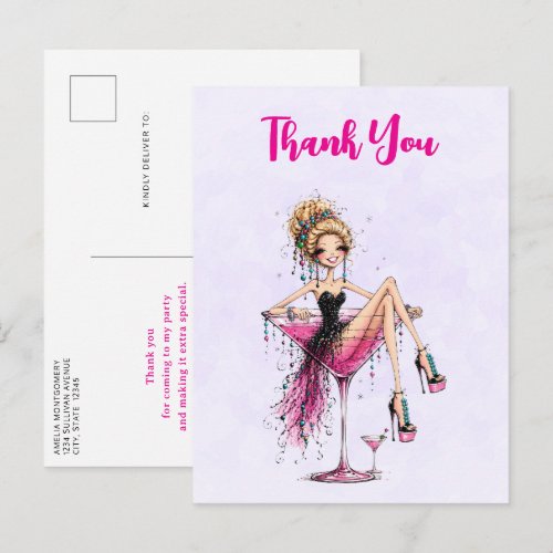 Cute Flirty Girl in a Martini Glass Thank You Postcard