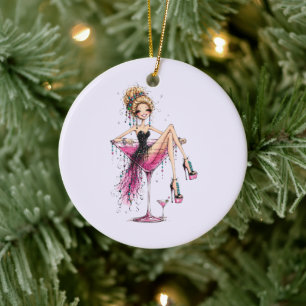 Cute Flirty Lady in a Martini Glass Ceramic Ornament